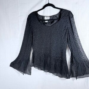 Vintage JMD Top Beaded Shear Bell Split Sleeves Lined Body Asymmetrical Hem.